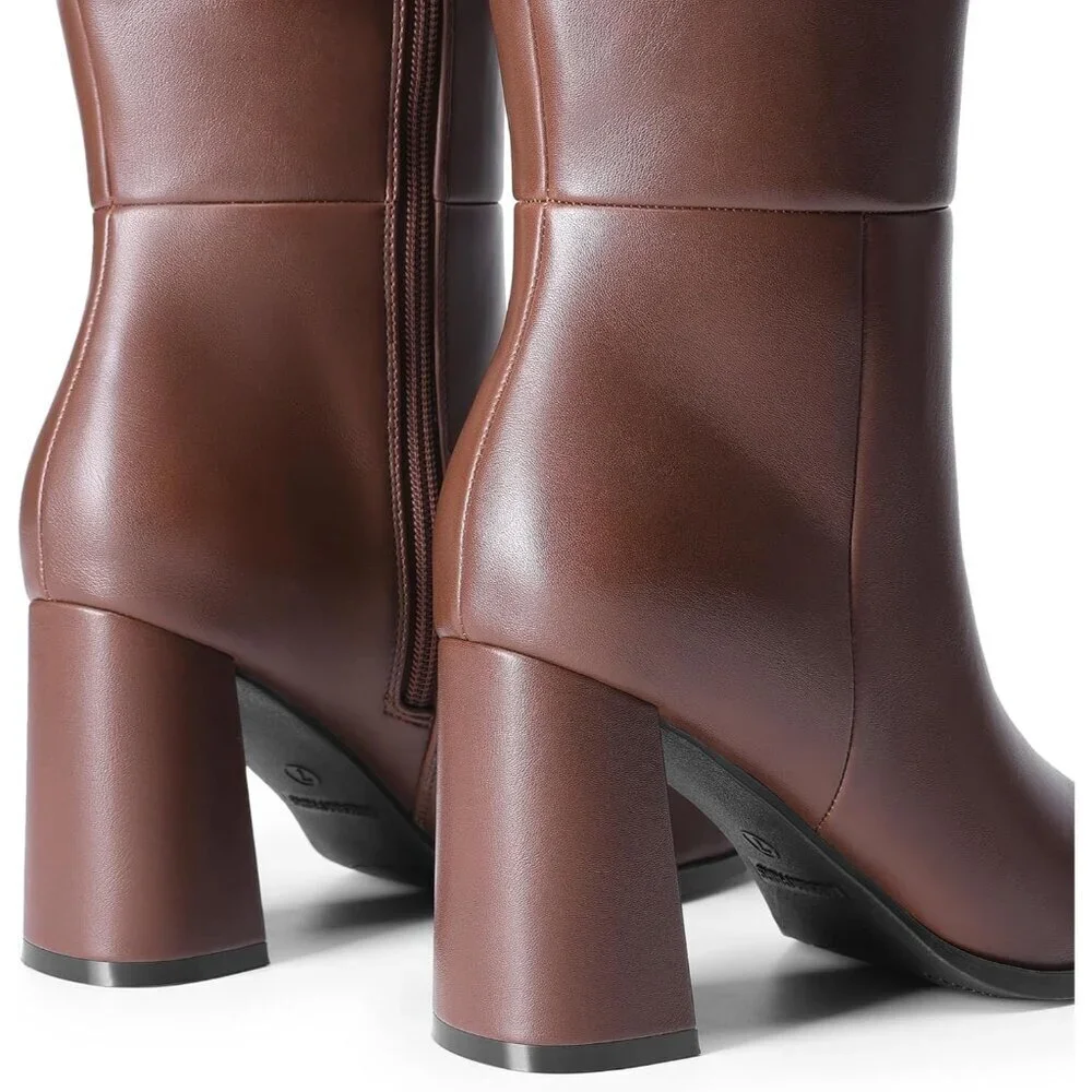Women's Brown Faux Leather Thigh High Block Chunky Heeled Knee High Long Boots